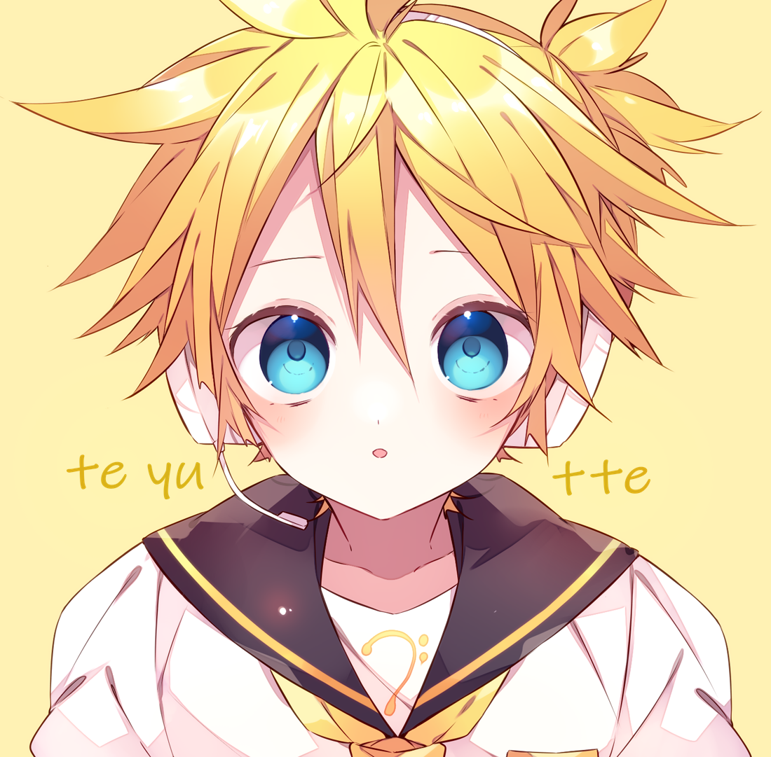 kaho 0102, kagamine len, vocaloid, commentary request, 1boy, bass clef, black sailor collar, blonde hair, blush, double-parted bangs, hair between eyes, headset, looking at viewer, male focus, necktie, open mouth, portrait, romaji text, sailor collar, shirt, short hair, simple background, solo, white shirt, yellow background, yellow necktie