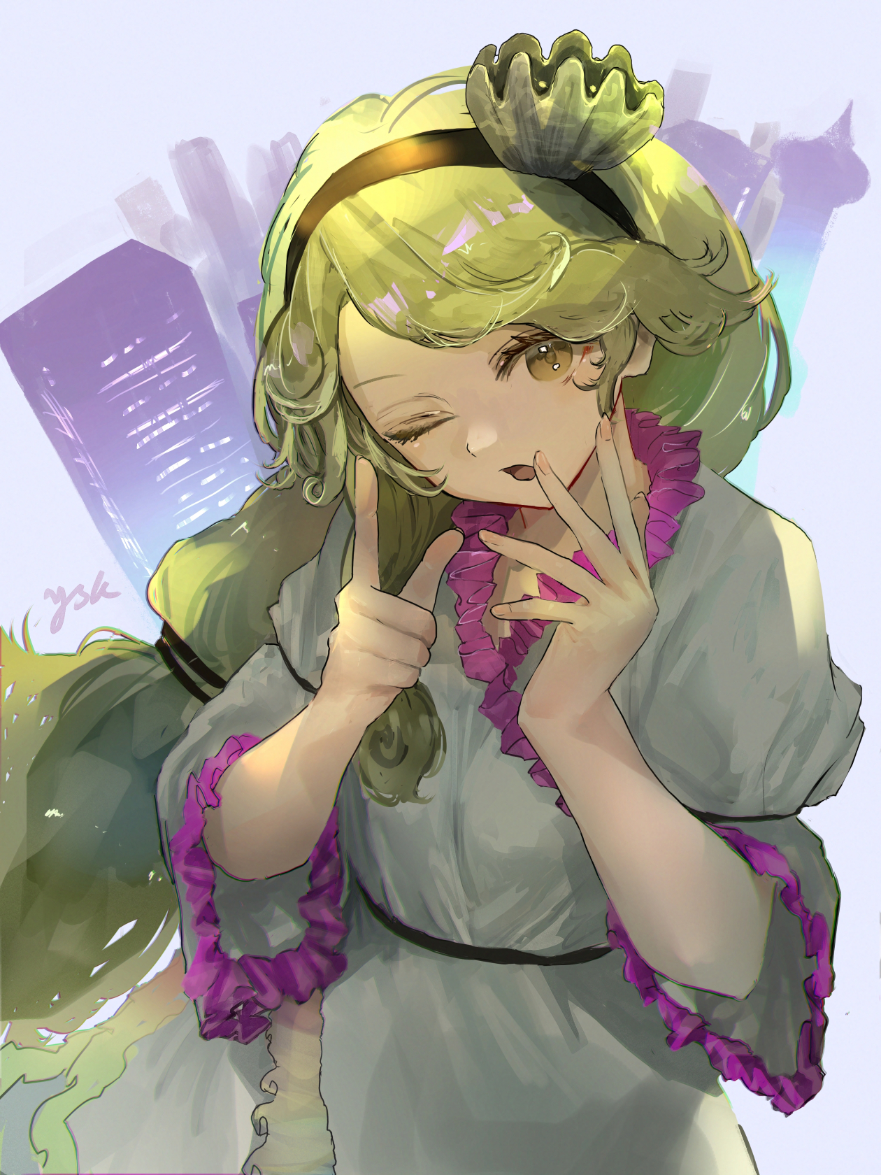 eneshi, watari nina, touhou, commentary request, highres, 1girl, blonde hair, dress, frilled sleeves, frills, hairband, long hair, long sleeves, looking at viewer, one eye closed, open mouth, shell hair ornament, signature, solo, very long hair, white dress, yellow eyes
