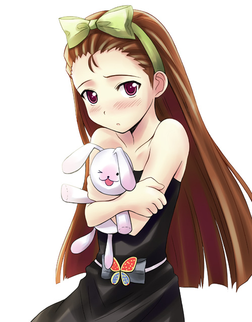 kisugi akira, tagme, 1girl, black dress, dress, female focus, simple background, solo, standing, stuffed animal, stuffed toy, white background
