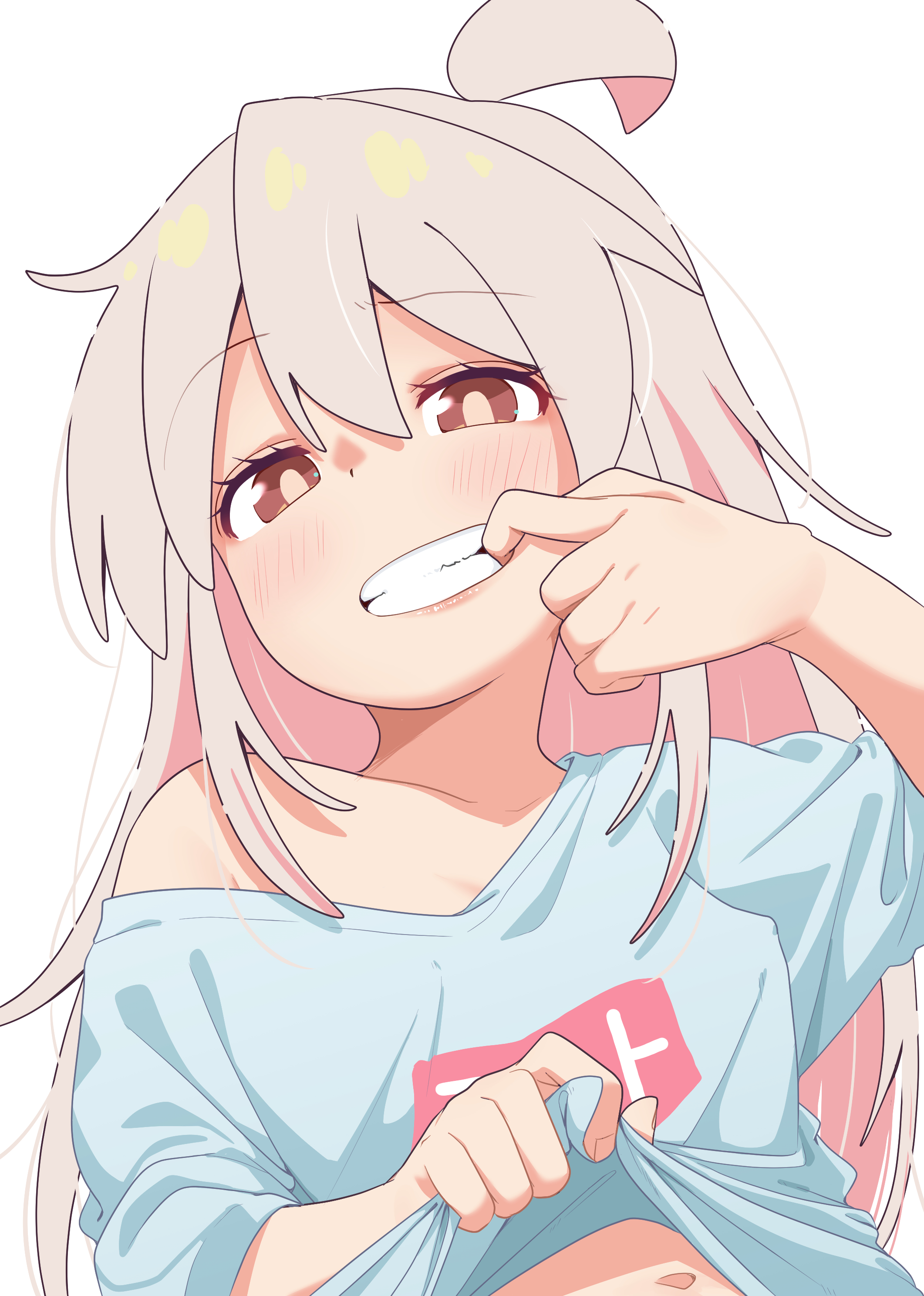 shiina excel, oyama mahiro, onii-chan wa oshimai!, absurdres, commentary, highres, 1girl, ahoge, blush, brown eyes, colored inner hair, grey hair, grin, hair between eyes, lifting own clothes, long hair, looking at viewer, mouth pull, multicolored hair, navel, open mouth, oversized clothes, oversized shirt, pink hair, shirt, simple background, single bare shoulder, single off shoulder, smile, solo, teeth, two-tone hair, upper body, white background, white shirt