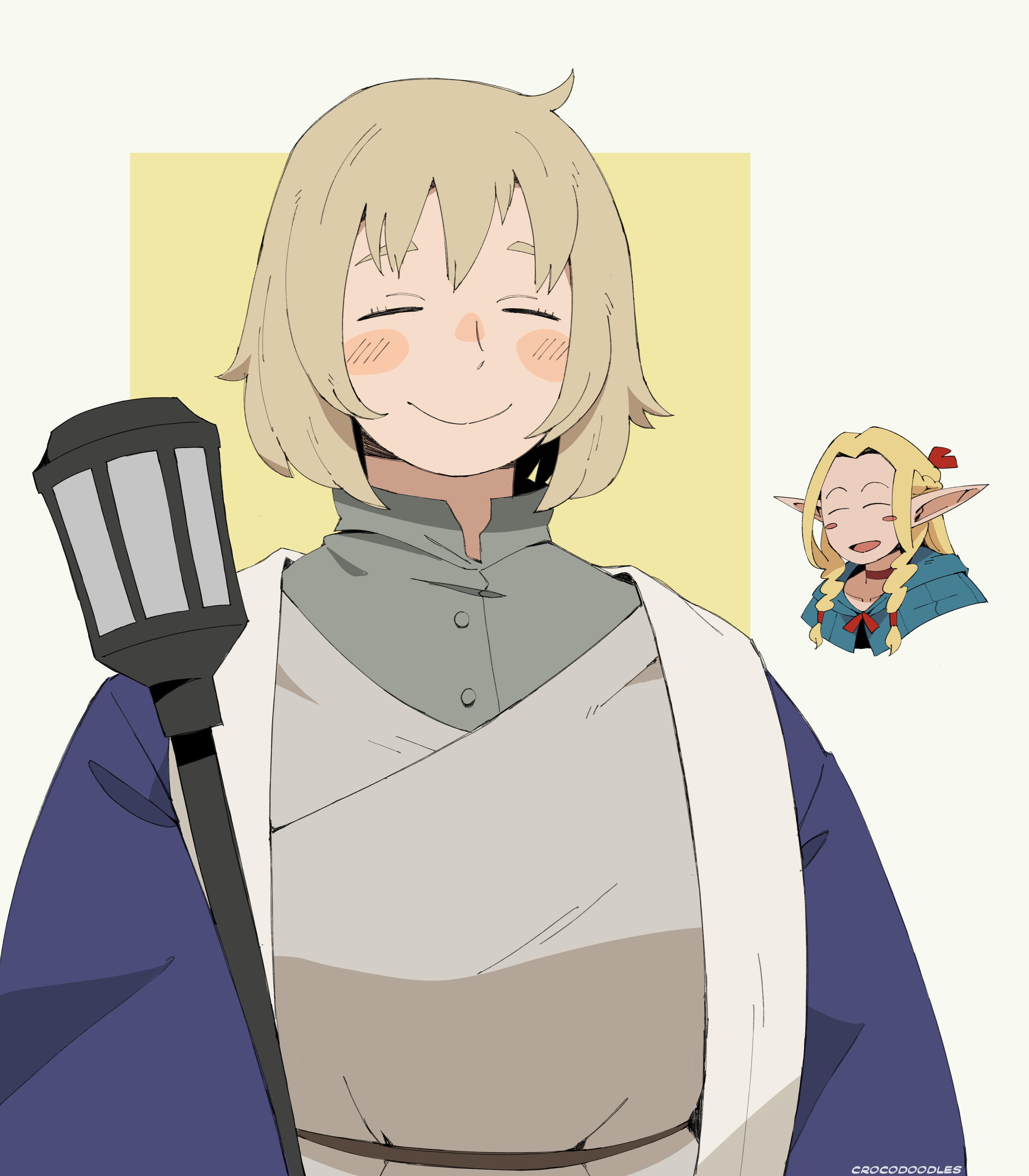 doncroco, falin touden, marcille donato, dungeon meshi, absurdres, commentary, highres, 2girls, :d, ^ ^, artist name, belt, blonde hair, blue capelet, blue coat, blush stickers, braid, brown belt, capelet, choker, closed eyes, coat, dress, elf, grey shirt, hair ribbon, hood, hooded capelet, long hair, medium hair, multiple girls, open clothes, open coat, open mouth, pointy ears, red choker, red ribbon, ribbon, shirt, smile, staff, twin braids, upper body, white dress
