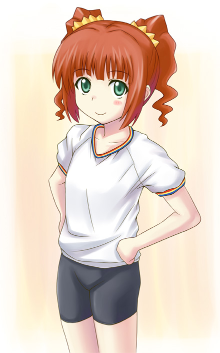 kisugi akira, takatsuki yayoi, idolmaster, idolmaster (classic), tagme, 00s, 1girl, bike shorts, female focus, solo, standing