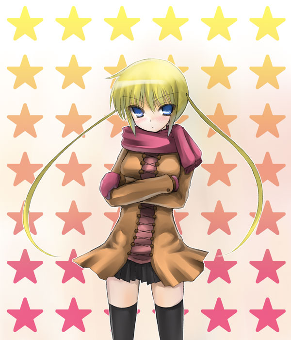 shima-shuu, sanzen'in nagi, hayate no gotoku!, 00s, 1girl, black thighhighs, blonde hair, blue eyes, female focus, long hair, scarf, solo, star (symbol), thighhighs