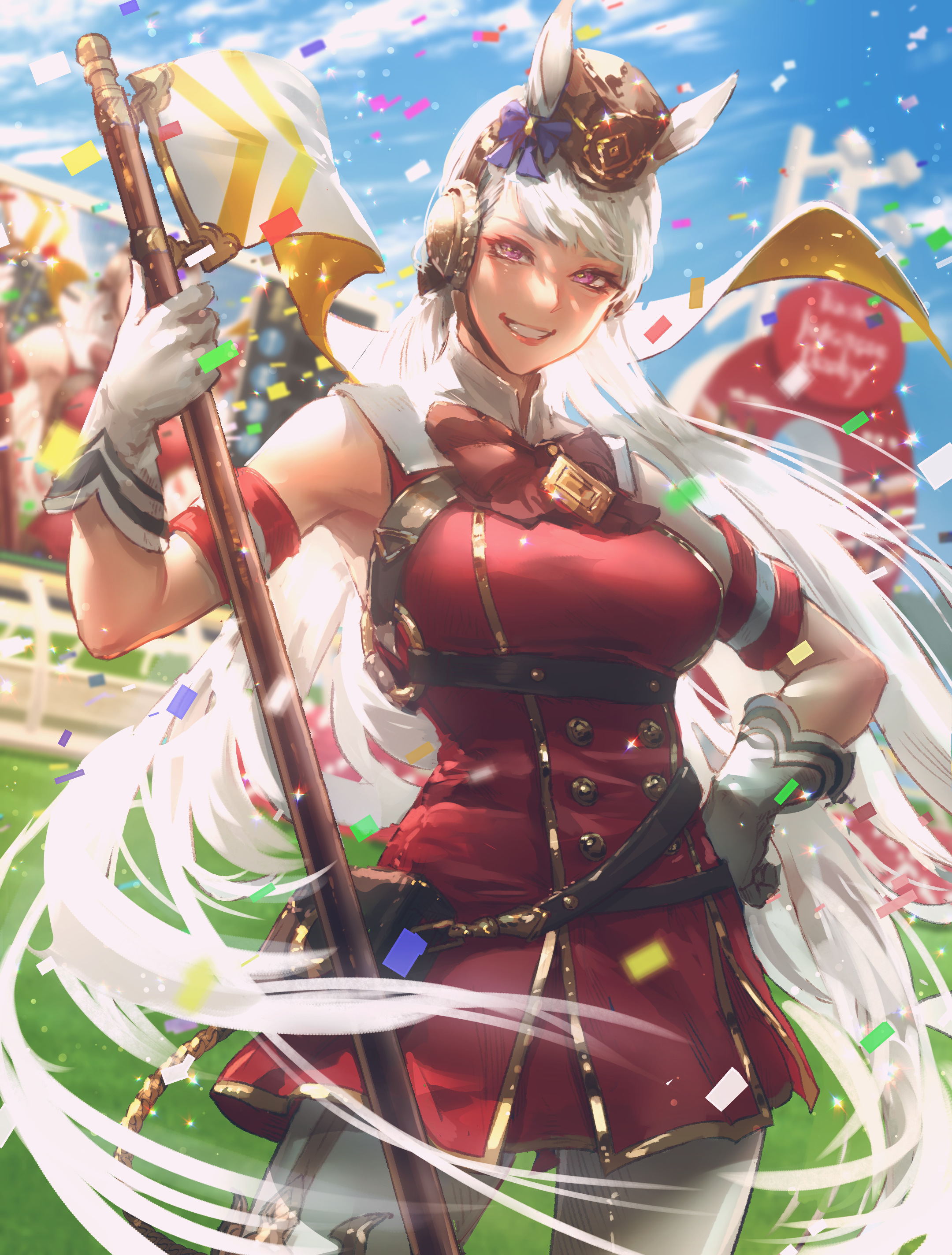 kaburagi yasutaka, gold ship (umamusume), umamusume, absurdres, commentary, commentary request, highres, 1girl, animal ears, bag, blurry, blurry background, bow, breasts, cloud, confetti, ear bow, gloves, grass, grin, hand on own hip, horse ears, horse girl, large breasts, long hair, outdoors, pink eyes, satchel, sky, smile, solo, very long hair, white gloves, white hair