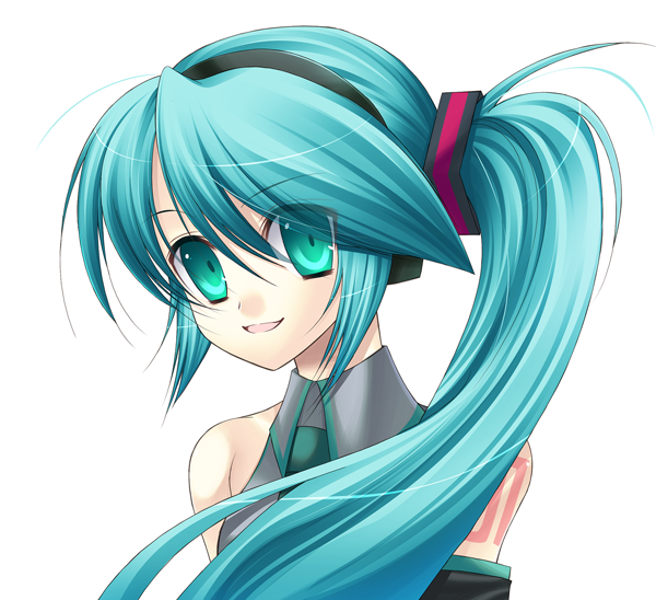 eko, hatsune miku, vocaloid, 1girl, alternate hairstyle, aqua hair, bad anatomy, female focus, ponytail, side ponytail, solo