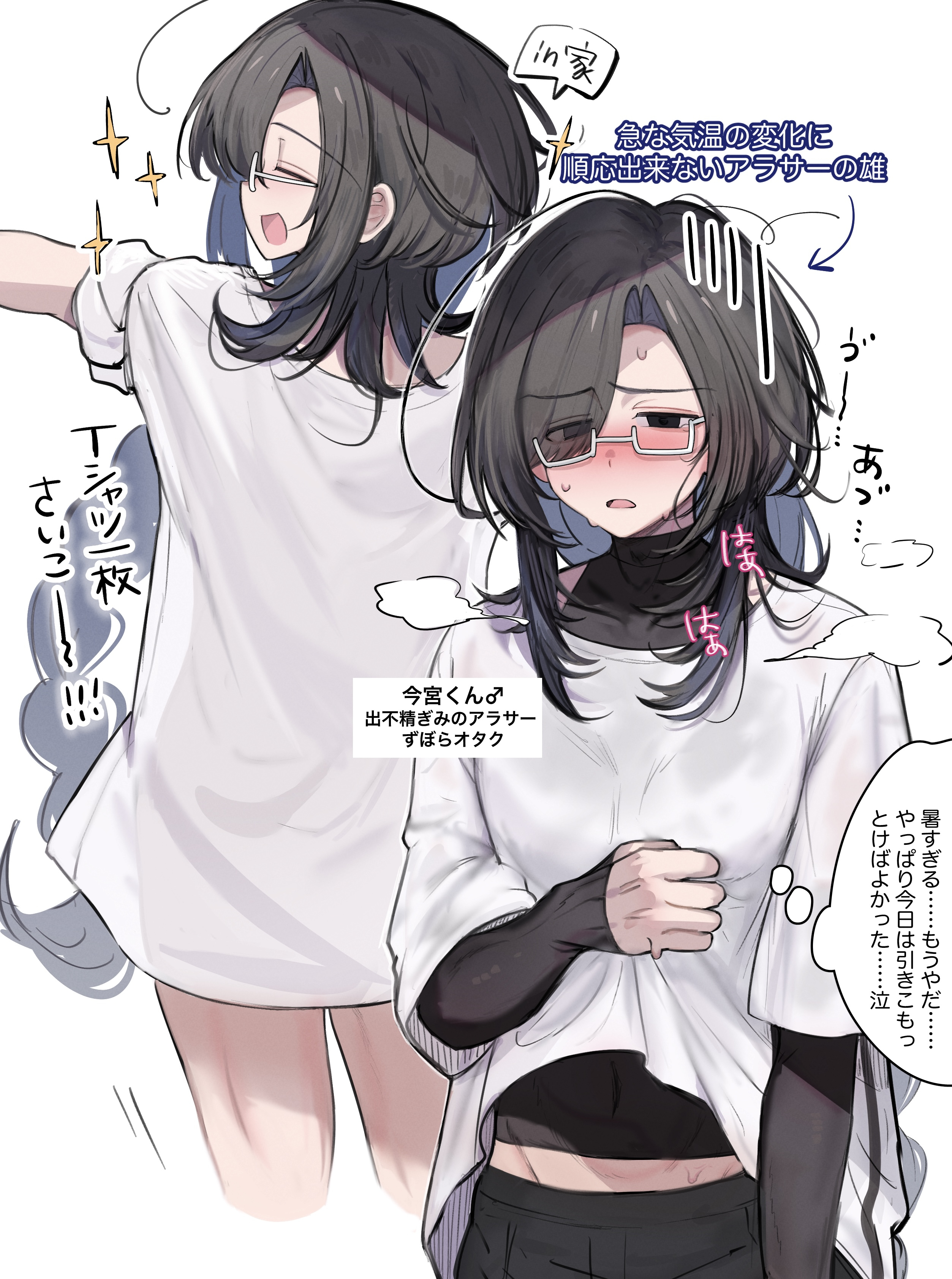 imamiya pinoko, original, absurdres, highres, translated, 1boy, black hair, blue hair, colored inner hair, glasses, hot, long hair, multicolored hair, no pants, trap, two-tone hair, white background