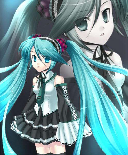 eko, hatsune miku, vocaloid, 1girl, aqua hair, female focus, long hair, solo, thighhighs, twintails, very long hair