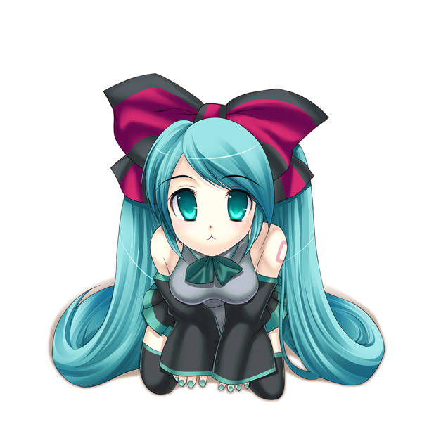 eko, hatsune miku, vocaloid, 1girl, aqua hair, female focus, long hair, ribbon, solo, thighhighs, very long hair
