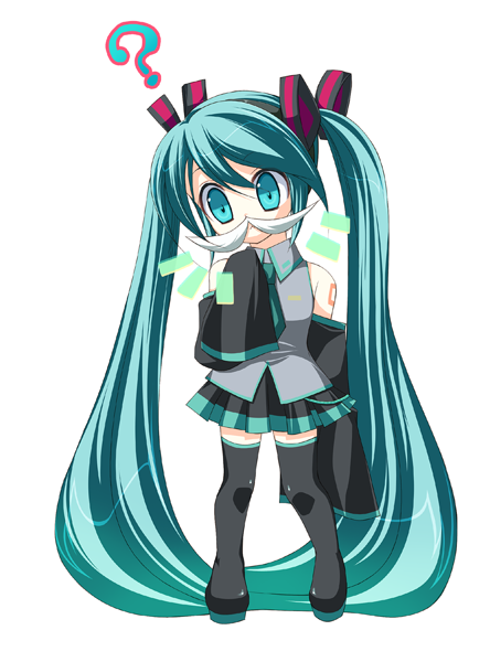 eko, hatsune miku, vocaloid, 1girl, ?, aqua eyes, aqua hair, black thighhighs, chibi, female focus, long hair, solo, thighhighs, twintails, very long hair