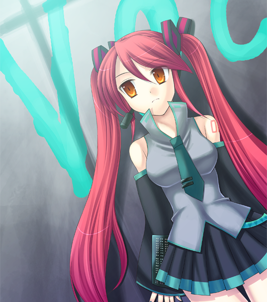 eko, hatsune miku, vocaloid, 1girl, female focus, long hair, popped collar, red hair, solo, twintails, very long hair