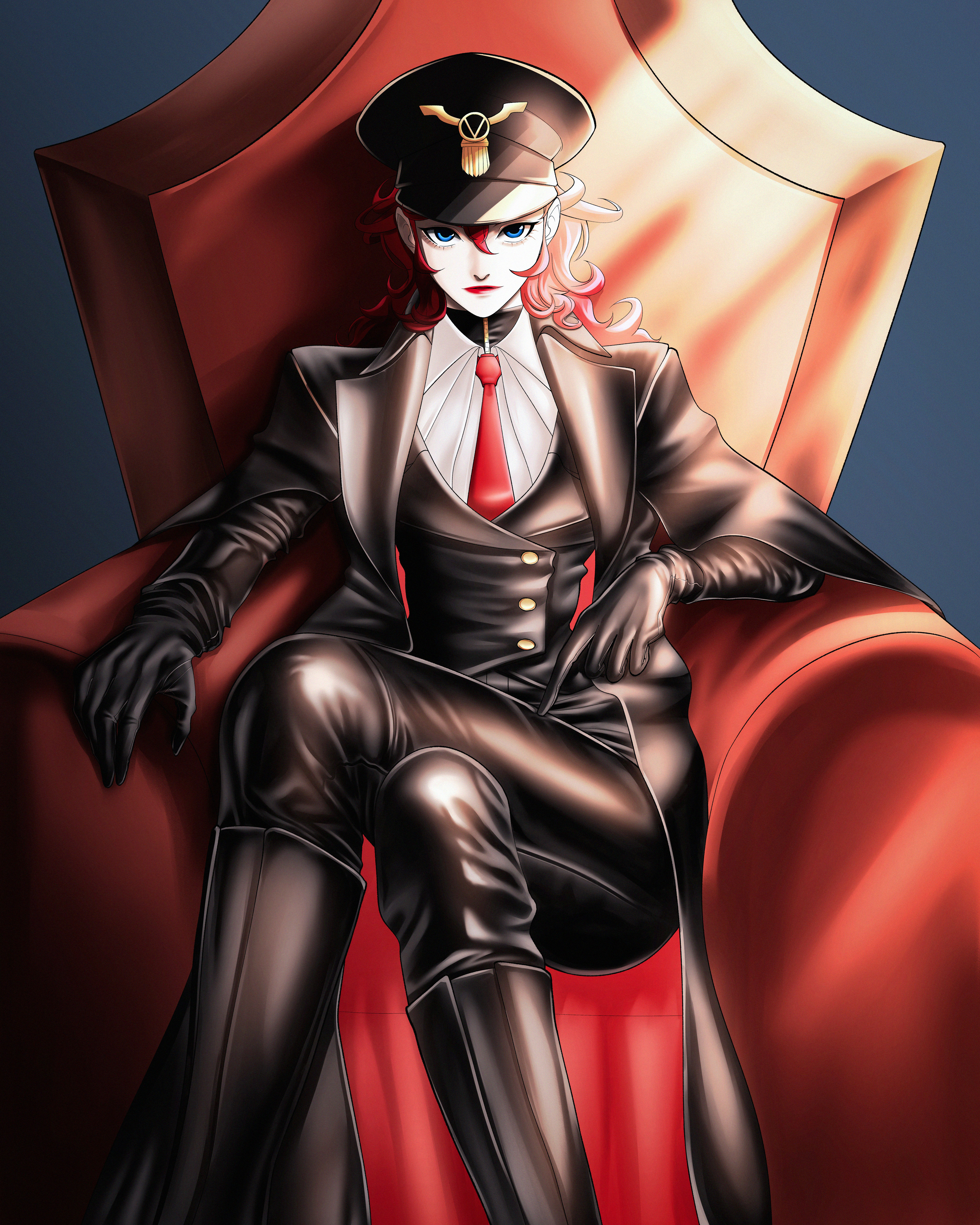 nagaomono, original, absurdres, commentary, highres, self-upload, 1girl, boots, breasts, crossed legs, gloves, hair between eyes, jacket, leather, leather belt, leather coat, leather gloves, leather jacket, leather pants, leather suit, lipstick, looking at viewer, makeup, necktie, pants, red hair, simple background, solo, throne
