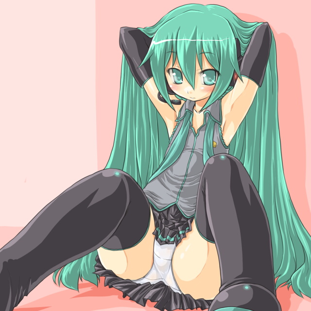 dd (ijigendd), hatsune miku, vocaloid, armpits, elbow gloves, flat chest, gloves, green eyes, green hair, latex, latex gloves, long hair, panties, pantyshot, sitting, thighhighs, underwear, very long hair, white panties
