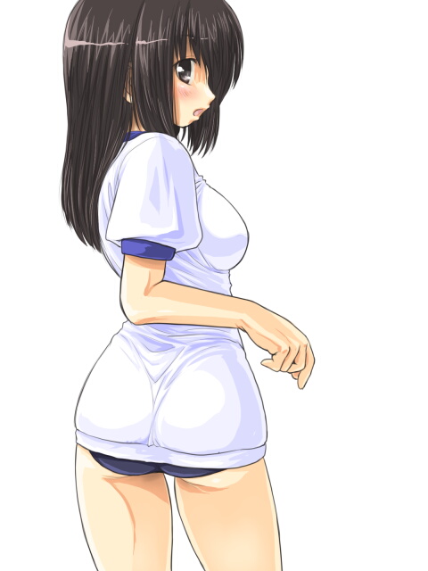 dd (ijigendd), original, 1girl, ass, black hair, blouse, buruma, cowboy shot, female focus, from behind, gym uniform, shirt, simple background, solo, thighs, white background, white shirt