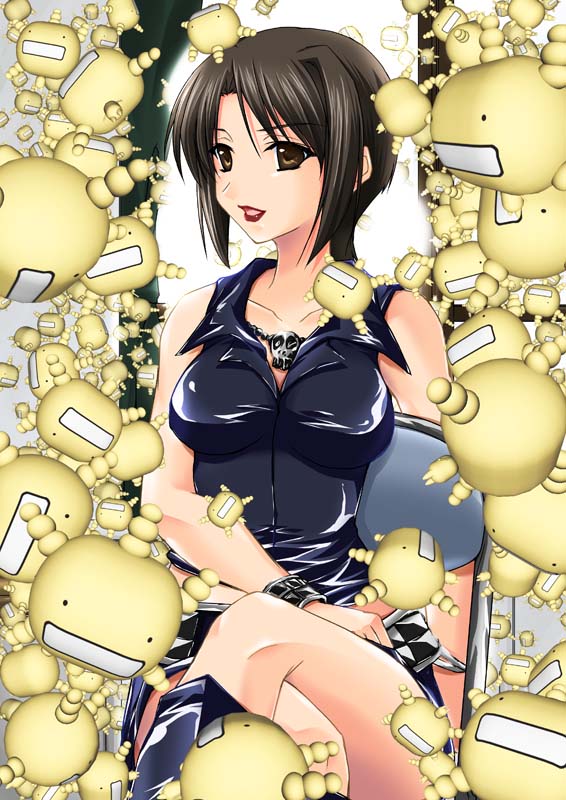 maho (yakimorokoshi), hasegawa haruka, oryzae-tan, moyashimon, black footwear, 1girl, :d, bare shoulders, black vest, boots, bracelet, brown eyes, brown hair, chair, collarbone, creature, crossed legs, hand on lap, jewelry, knee boots, latex, lips, lipstick, looking to the side, makeup, necklace, open mouth, pendant, red lips, sitting, skull necklace, sleeveless, smile, solid circle eyes, thighs, too many, vest