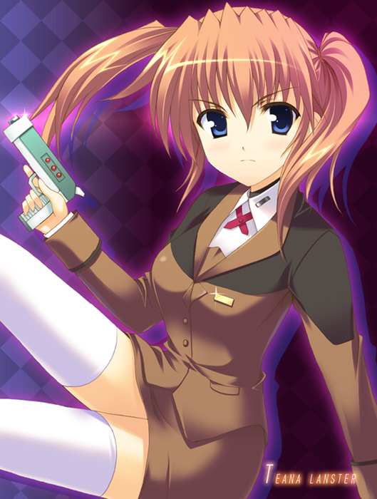 rakkyo, teana lanster, lyrical nanoha, mahou shoujo lyrical nanoha, mahou shoujo lyrical nanoha strikers, 00s, 1girl, blue eyes, female focus, gun, long sleeves, red hair, sitting, solo, thighhighs, twintails, weapon, white thighhighs