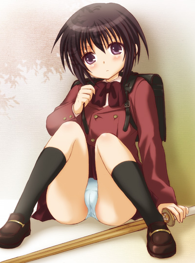 takumi namuchi, kawazoe tamaki, bamboo blade, 00s, 1girl, ass, backpack, bag, blazer, blush, bow, female focus, jacket, kneehighs, panties, pantyshot, randoseru, school bag, school uniform, shinai, short hair, sitting, socks, solo, sword, thighs, underwear, weapon