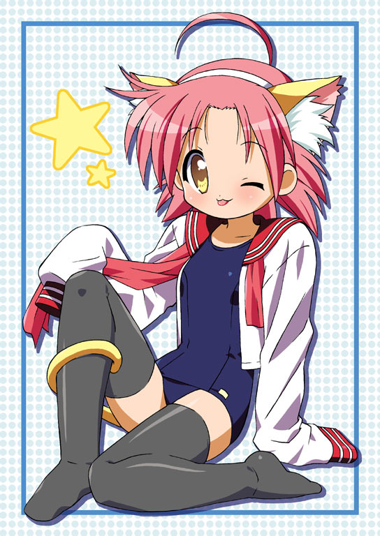 kogami akira, lucky star, 00s, animal ears, cat ears, cat tail, school uniform, serafuku, swimsuit, tail, thighhighs