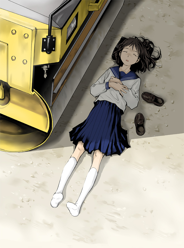 tamaoki benkyou, original, 1girl, brown shoes, female focus, hair spread out, kneehighs, school uniform, serafuku, shoes, sleeping, socks, solo, steamroller, unworn shoes