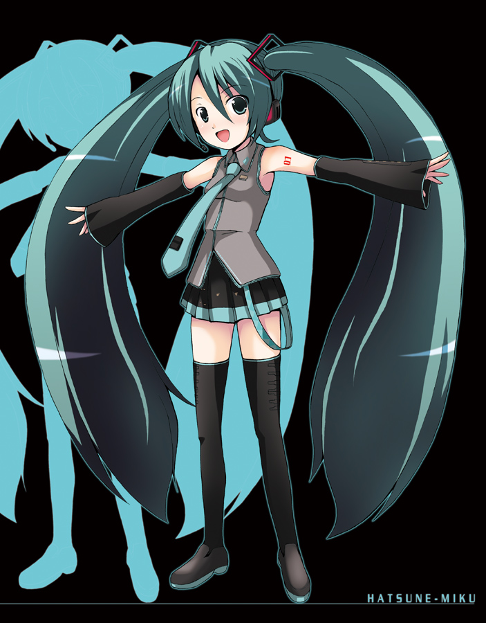 onion (lemlaml), hatsune miku, vocaloid, 1girl, aqua hair, black boots, boots, female focus, long hair, solo, thighhighs, twintails, very long hair