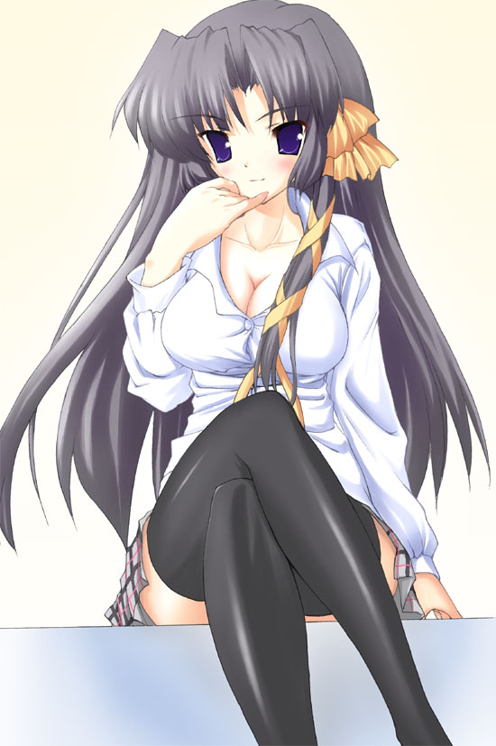 kurugaya yuiko, little busters!, 1girl, black hair, blue eyes, breasts, cleavage, crossed legs, female focus, hair ribbon, large breasts, long hair, ribbon, sitting, solo, thighhighs