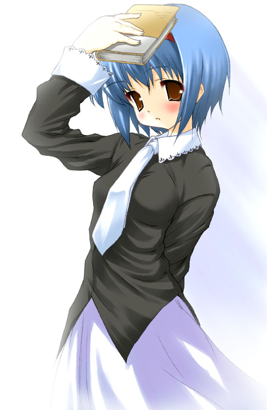 nishikiori jin, nishikiori kami, nishizono mio, little busters!, 1girl, blue hair, book, female focus, necktie, short hair, solo