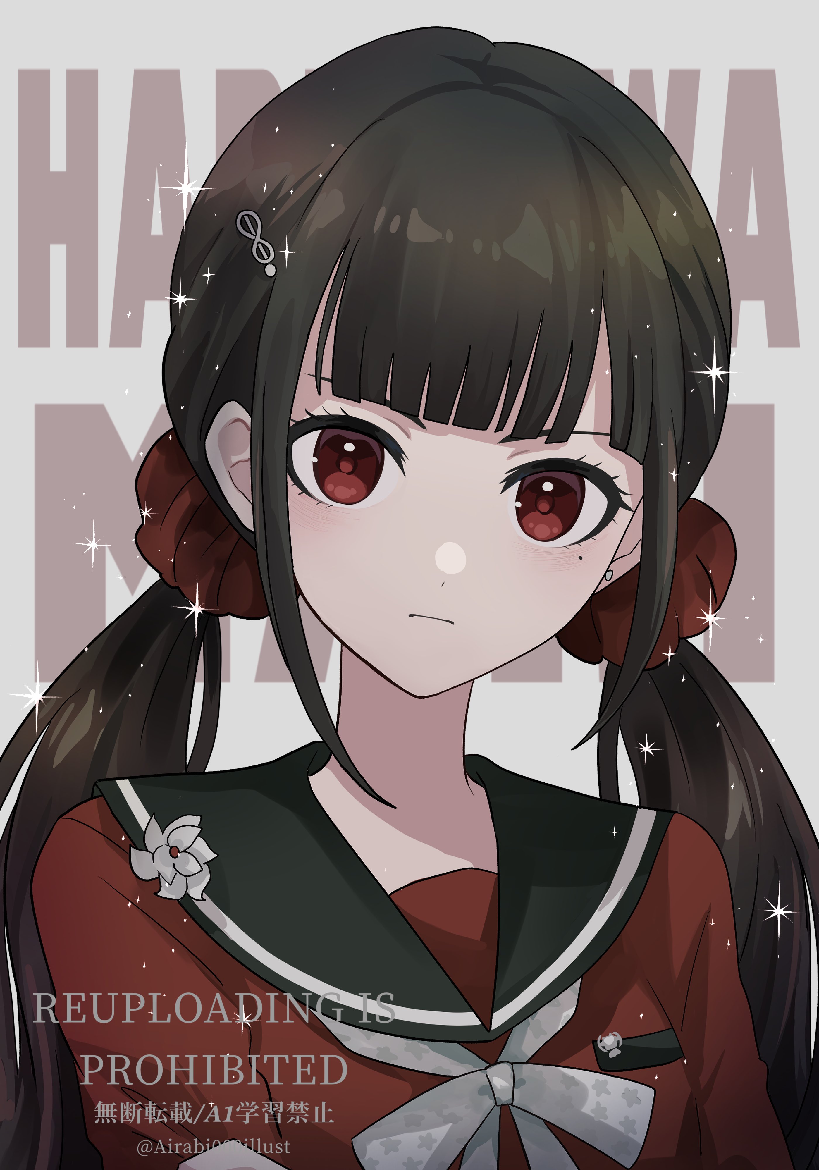 airabi, harukawa maki, danganronpa (series), danganronpa v3: killing harmony, absurdres, highres, 1girl, black sailor collar, bow, bowtie, brown hair, character name, closed mouth, english text, grey bow, grey bowtie, hair ornament, hairclip, long hair, mole, mole under eye, red eyes, red scrunchie, red shirt, sailor collar, scrunchie, shirt, solo