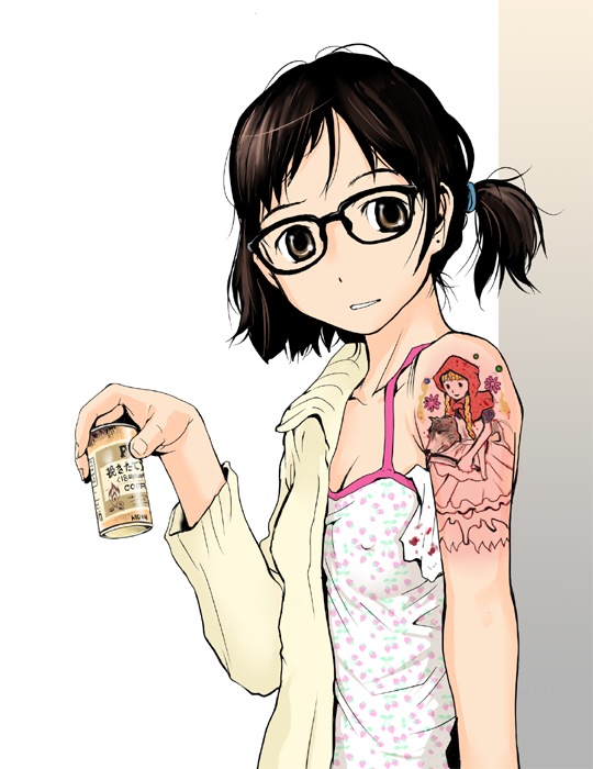 tamaoki benkyou, little red riding hood (fairy tale character), little red riding hood (fairy tale), original, commentary, source request, 1girl, black hair, blood, camisole, can, character tattoo, coffee, female focus, glasses, hair tie, ponytail, side ponytail, solo, tattoo