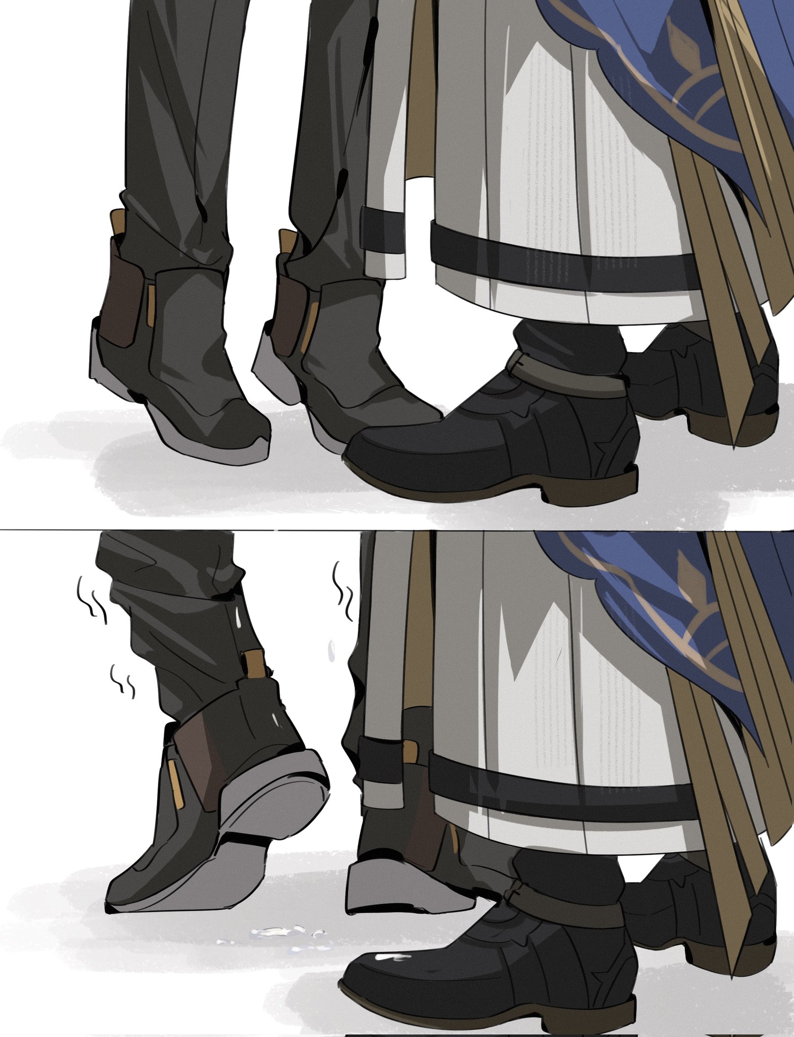 caelus (honkai: star rail), phainon (honkai: star rail), trailblazer (honkai: star rail), honkai: star rail, honkai (series), highres, 2boys, black boots, black border, black pants, blue cape, boots, border, cape, cum, footwear focus, implied kiss, implied sex, jacket, multiple boys, multiple views, pants, satohyamabuki, shadow, simple background, trembling, white background, white jacket, yaoi