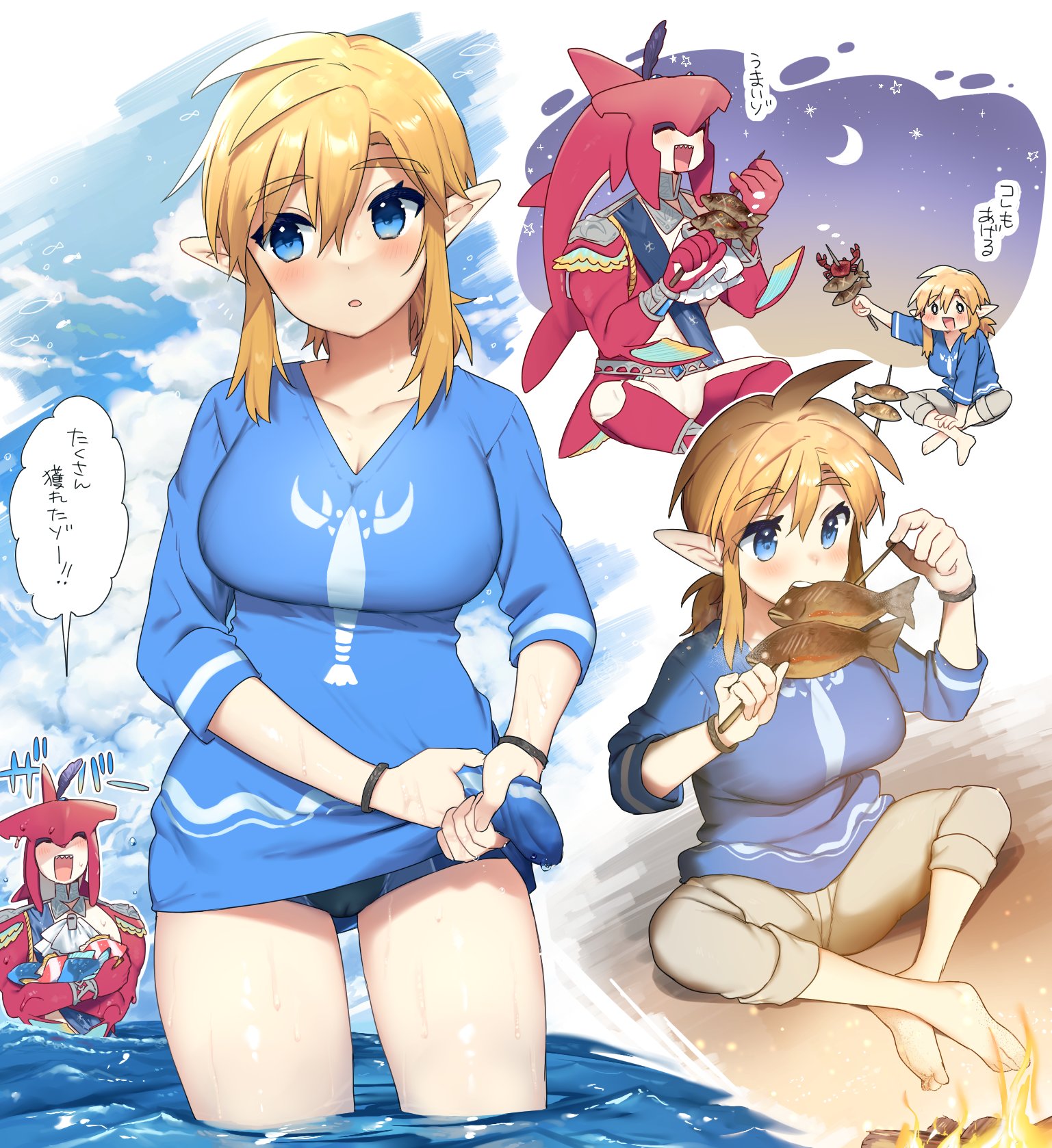 ttanuu., link, sidon, nintendo, the legend of zelda, the legend of zelda: breath of the wild, highres, translation request, 1boy, 1girl, :d, blonde hair, blue shirt, blush, breasts, cameltoe, colored skin, crescent moon, eating, fish, fish boy, food, large breasts, long sleeves, moon, night, open mouth, pointy ears, red skin, shirt, smile, speech bubble, wading, water, wet, zora