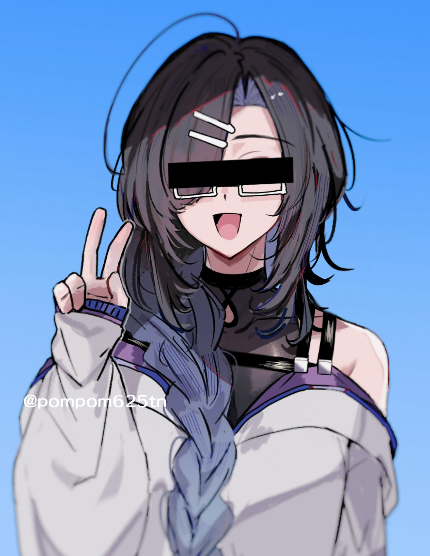 imamiya pinoko, original, highres, 1boy, :d, black hair, braid, censored, censored identity, colored inner hair, glasses, long hair, multicolored hair, open mouth, simple background, smile, solo, trap, two-tone hair, v