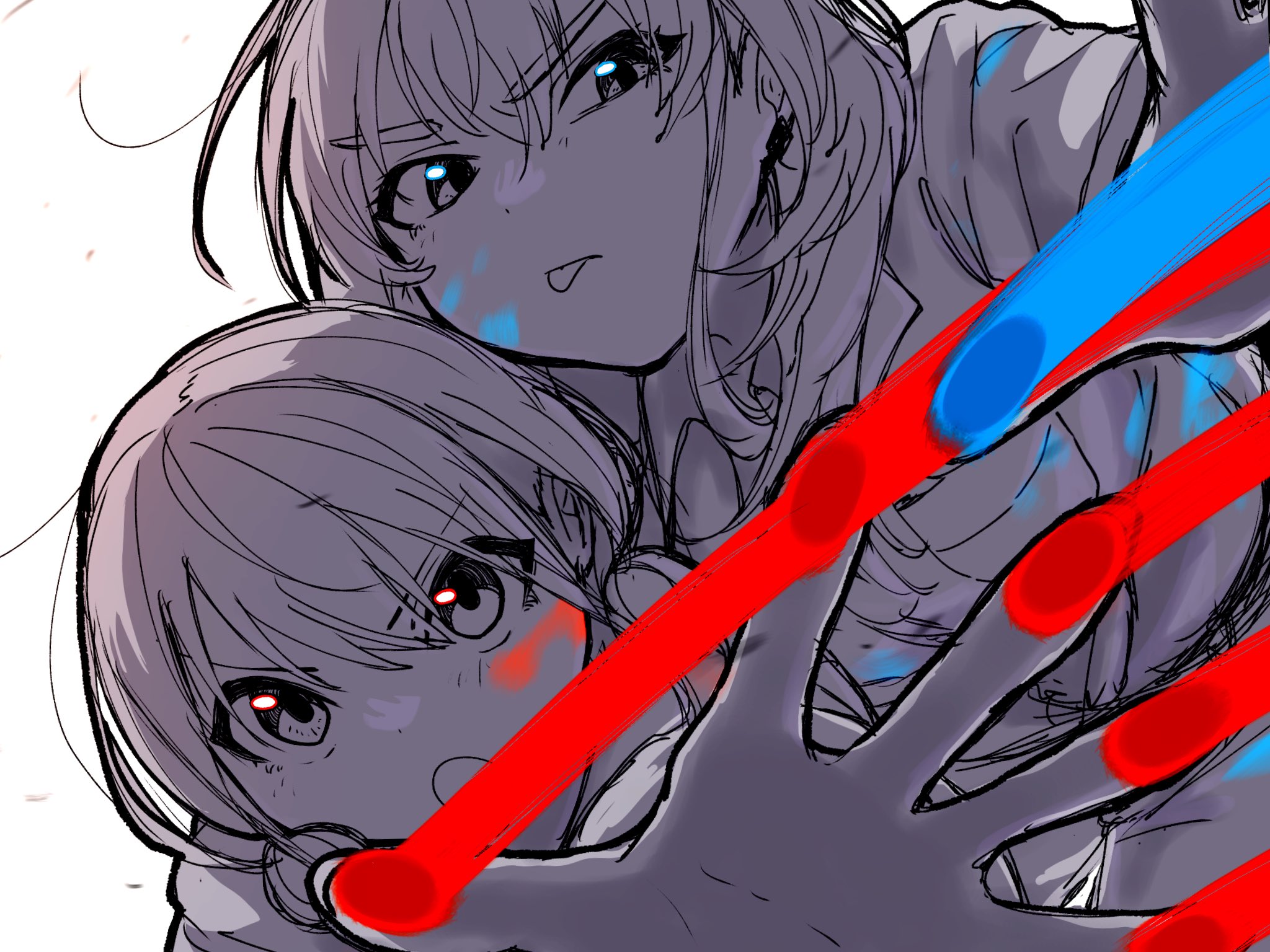 ayataka syumimi, iseri nina, kawaragi momoka, girls band cry, commentary, highres, symbol-only commentary, 2girls, blush, greyscale, long hair, looking at viewer, monochrome, multiple girls, open mouth, paint splatter, paint splatter on face, simple background, spot color, tongue, tongue out, white background