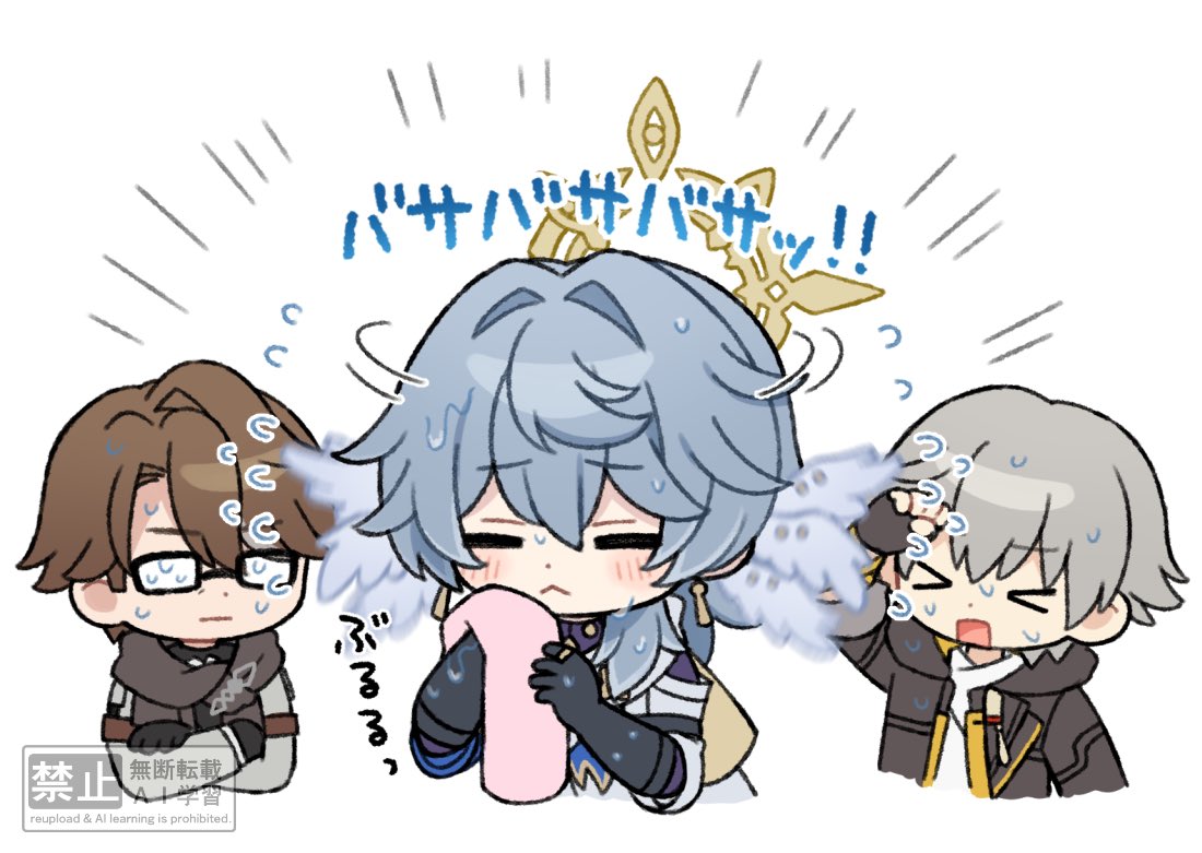 caelus (honkai: star rail), sunday (honkai: star rail), trailblazer (honkai: star rail), welt yang, honkai: star rail, honkai (series), commentary request, > <, 3boys, :<, amuster12, arm ribbon, black-framed eyewear, black coat, black gloves, black shirt, blue jacket, brown hair, closed mouth, coat, crossed arms, earrings, feathered wings, fingerless gloves, glasses, gloves, gold earrings, grey hair, grey jacket, grey scarf, hair between eyes, halo, hand up, hands up, head wings, holding, holding towel, hood, hooded coat, jacket, jewelry, lapels, long sleeves, male focus, multicolored jacket, multiple boys, notice lines, open clothes, open coat, open mouth, piercing, purple shirt, ribbon, scarf, shirt, short hair, sidelocks, simple background, t-shirt, towel, two-tone jacket, upper body, watermark, wet, white background, white halo, white jacket, white shirt, wing piercing, wings