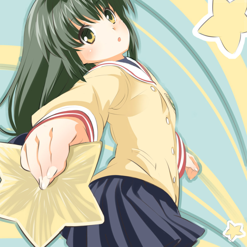 ibuki fuuko, clannad, 00s, 1girl, bare legs, brown hair, female focus, school uniform, solo, star (symbol), yellow eyes