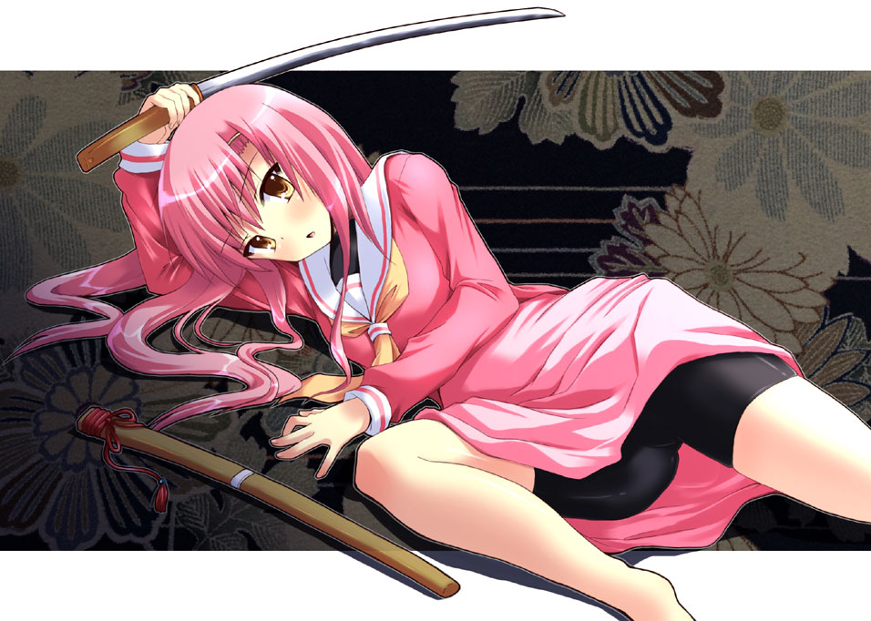 shinshin, katsura hinagiku, hayate no gotoku!, 00s, 1girl, bike shorts, female focus, katana, long hair, pink hair, school uniform, serafuku, shirasaya, solo, spandex, sword, weapon, yellow eyes