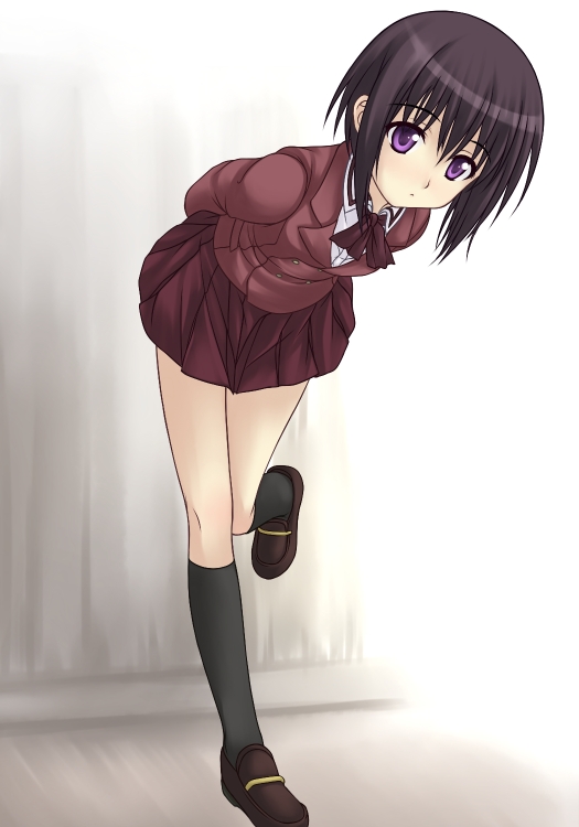 uni8, kawazoe tamaki, bamboo blade, 00s, 1girl, black hair, female focus, kneehighs, leaning forward, purple eyes, school uniform, serafuku, short hair, socks, solo