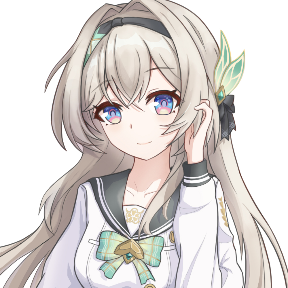 firefly (honkai: star rail), firefly (spring missive) (honkai: star rail), honkai: star rail, honkai (series), commentary request, 1girl, aqua gemstone, black bow, black hairband, blue eyes, bow, breasts, buttons, chest bow, closed mouth, collarbone, crossed bangs, floral print, gem, green bow, grey hair, hair between eyes, hair bow, hair ornament, hairband, hand on own head, hand up, leaf hair ornament, long hair, long sleeves, looking at viewer, medium breasts, multicolored eyes, official alternate costume, plaid bow, puffy long sleeves, puffy sleeves, purple eyes, sailor collar, school uniform, seiren xinglian, shirt, simple background, single sidelock, smile, solo, upper body, white background, white shirt