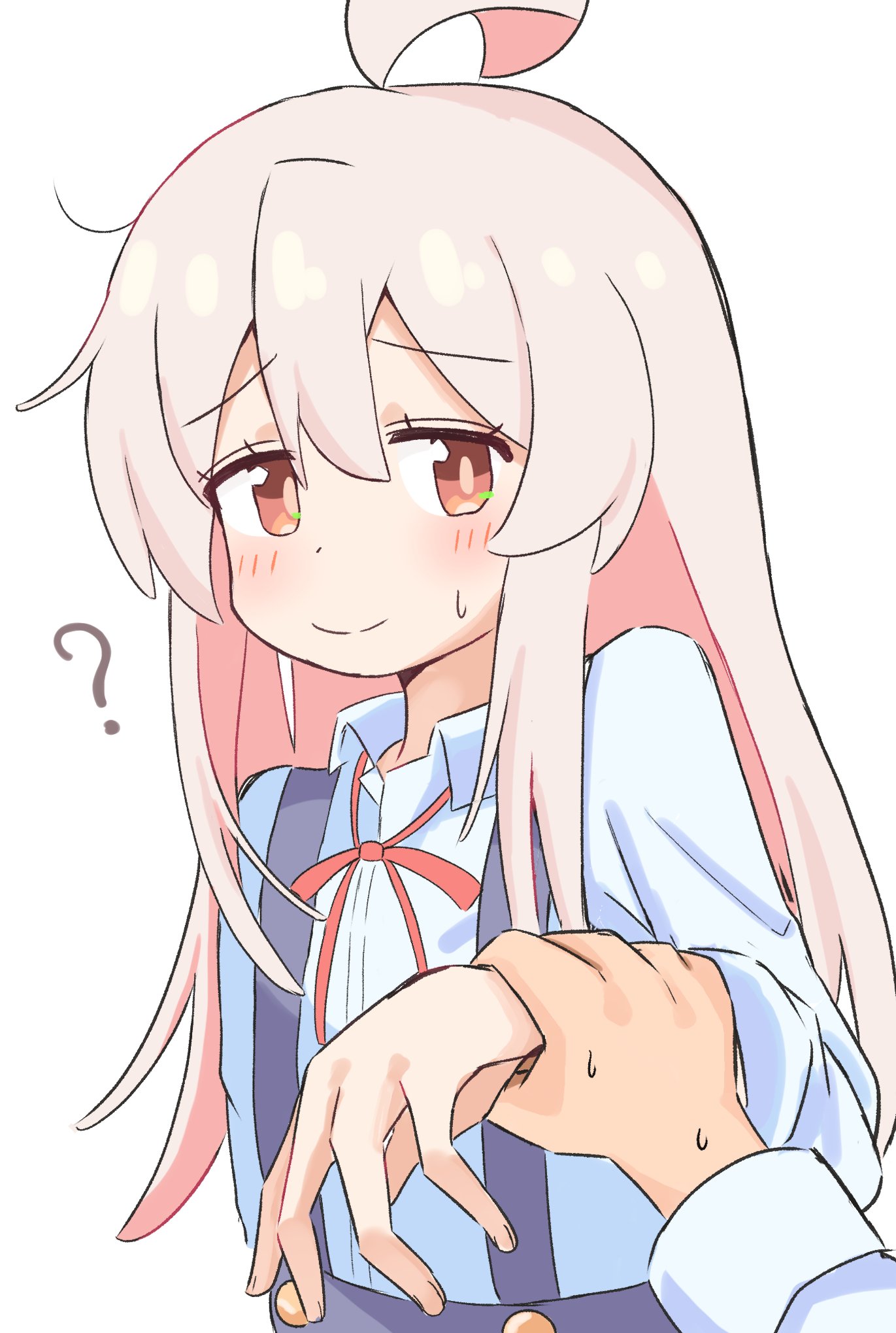 riannn desu, oyama mahiro, onii-chan wa oshimai!, commentary, highres, 1girl, 1other, ?, ahoge, blush, brown eyes, hair between eyes, holding another's wrist, long hair, long sleeves, neck ribbon, pink hair, pov, pov hands, red ribbon, ribbon, school uniform, shirt, simple background, skirt, smile, solo focus, suspender skirt, suspenders, sweatdrop, upper body, white background, white shirt, wing collar
