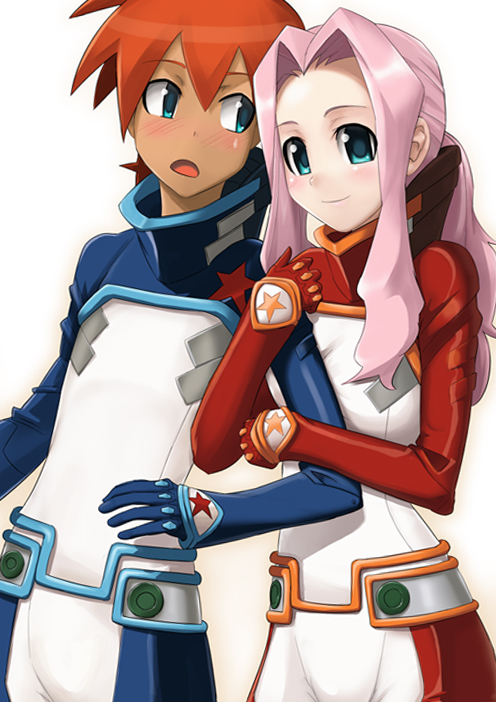 sugar (sugarless), darry adai, gimmy adai, tengen toppa gurren lagann, 00s, 1boy, 1girl, arm hug, armcling, blue eyes, blush, breast press, breasts, brother and sister, medium breasts, pink hair, siblings