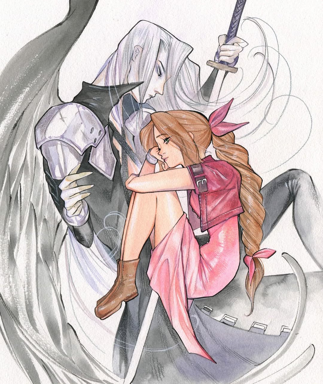peach momoko, sephiroth, final fantasy, final fantasy vii, highres, 1boy, 1girl, armor, black wings, bracelet, braid, braided ponytail, dress, feathered wings, green eyes, hair ribbon, holding, holding sword, holding weapon, jewelry, long coat, long dress, long hair, pink dress, ribbon, shoulder armor, single wing, sword, weapon, white background, wings