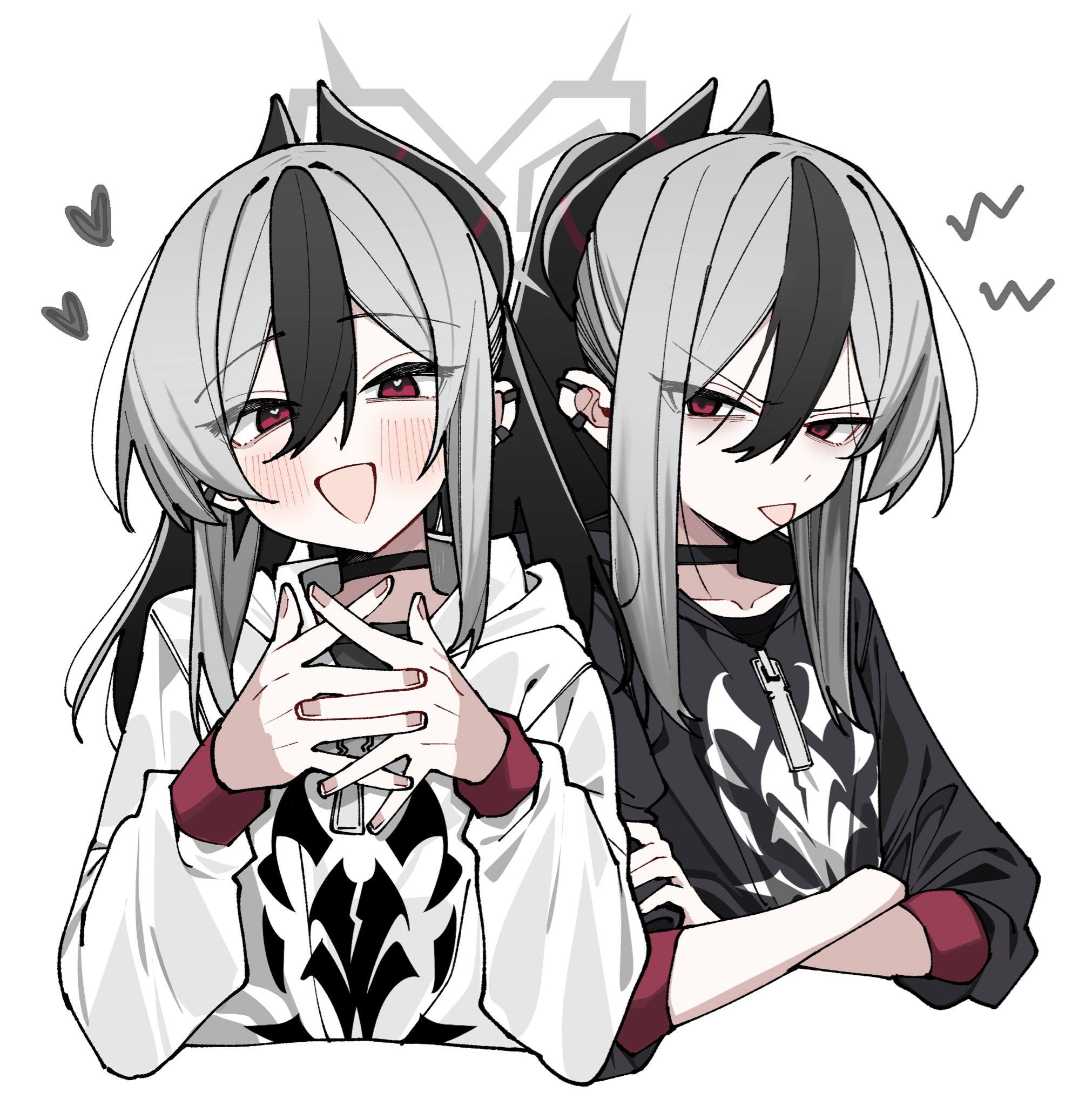 oomori (kswmr), kayoko (blue archive), blue archive, 2girls, alternate hairstyle, crossed arms, dual persona, hair between eyes, heart, heart-shaped pupils, long sleeves, multiple girls, red eyes, symbol-shaped pupils, tongue, tongue out
