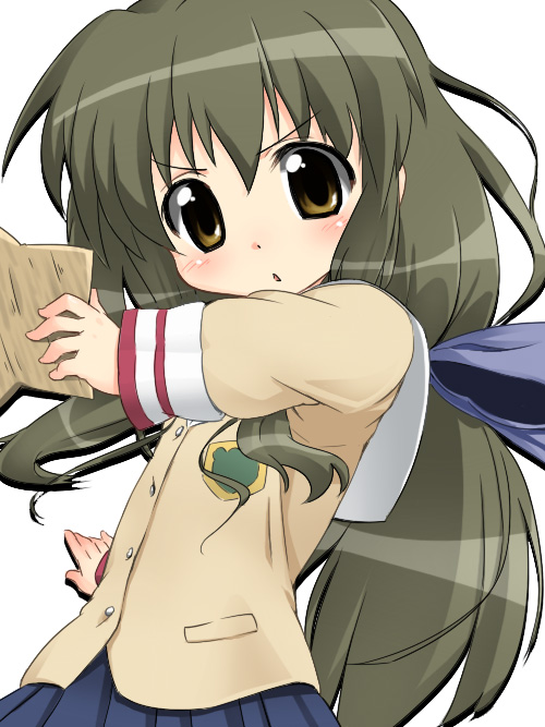 aikei, ibuki fuuko, clannad, 00s, 1girl, blush, female focus, long hair, looking at viewer, low-tied long hair, simple background, solo, white background