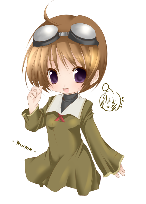 kosumotss, rinrin (sister princess), sister princess, non-web source, 00s, 1girl, brown hair, chibi, female focus, goggles, goggles on head, purple eyes, short hair, simple background, solo, turtleneck