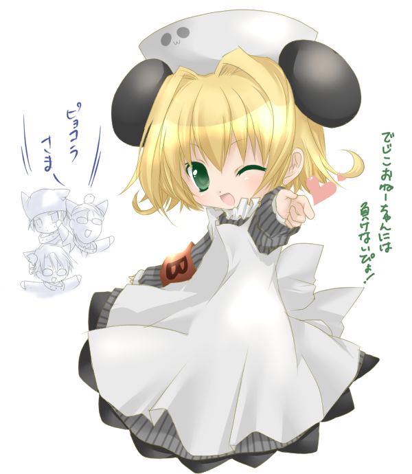 kosumotss, piyoko, di gi charat, tagme, blonde hair, green eyes, heart, one eye closed, simple background, white background, wink