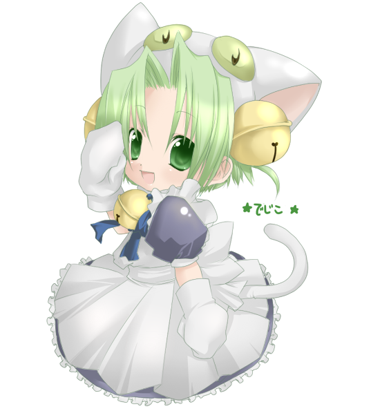 kosumotss, dejiko, di gi charat, tagme, 1girl, dress, female focus, full body, green eyes, green hair, maid, simple background, solo, standing, tail, white background