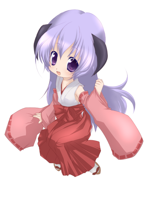 kosumotss, hanyuu, higurashi no naku koro ni, 00s, 1girl, female focus, full body, horns, japanese clothes, miko, purple eyes, purple hair, simple background, sitting, solo, white background