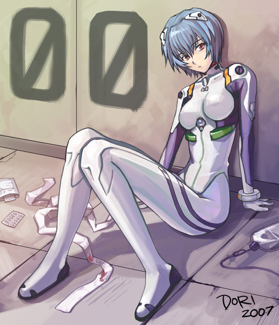 ayanami rei, neon genesis evangelion, bandages, blue hair, mecha pilot suit, plugsuit (evangelion), red eyes, short hair, solo