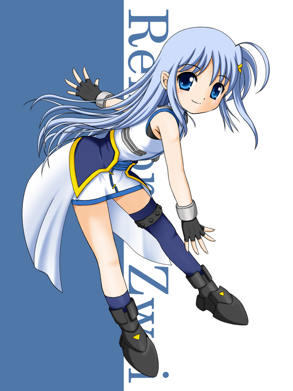 flipper, reinforce zwei, lyrical nanoha, mahou shoujo lyrical nanoha, mahou shoujo lyrical nanoha strikers, 00s, 1girl, ahoge, asymmetrical clothes, asymmetrical legwear, blue eyes, blue hair, character name, female focus, fingerless gloves, gloves, hair ornament, looking at viewer, matching hair/eyes, mini person, minigirl, solo, thighhighs, uneven legwear, waist cape, x hair ornament