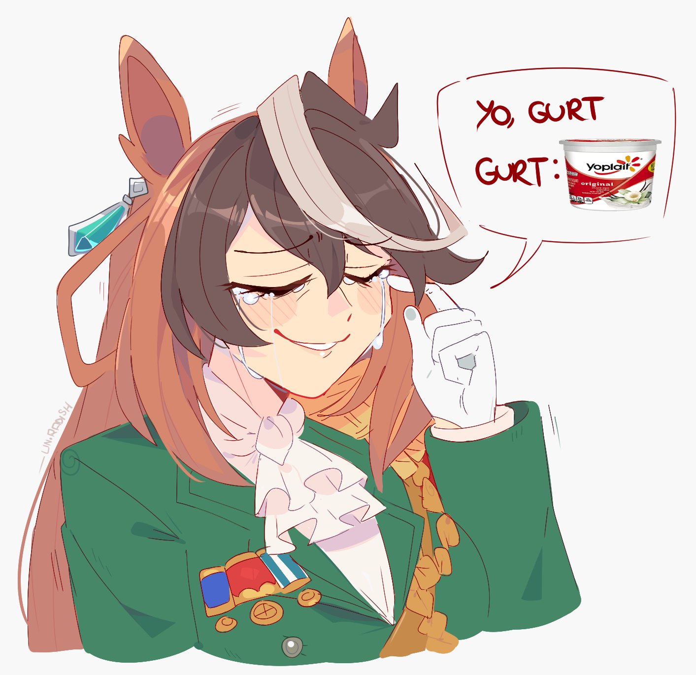 unfamousradish, symboli rudolf (umamusume), umamusume, highres, 1girl, animal ears, arm at side, ascot, blush, brown hair, closed eyes, cropped torso, crying, earrings, english text, furrowed brow, gloves, grey hair, hair between eyes, hand up, horse ears, jacket, jewelry, long hair, long sleeves, multicolored hair, photo inset, pun, simple background, smile, solo, upper body, white ascot, white background, white gloves