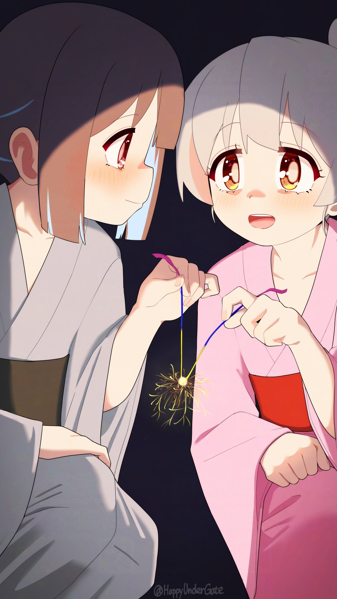 happyundergate, hozuki momiji, oyama mahiro, onii-chan wa oshimai!, commentary, highres, 2girls, :d, artist name, black background, black hair, blue hair, blush, brown eyes, brown hair, eye contact, fireworks, grey hair, grey kimono, hand on own knee, holding, holding fireworks, japanese clothes, kimono, looking at another, multicolored hair, multiple girls, open mouth, pink kimono, red eyes, sash, short hair, simple background, smile, twitter username, two-tone hair, yukata