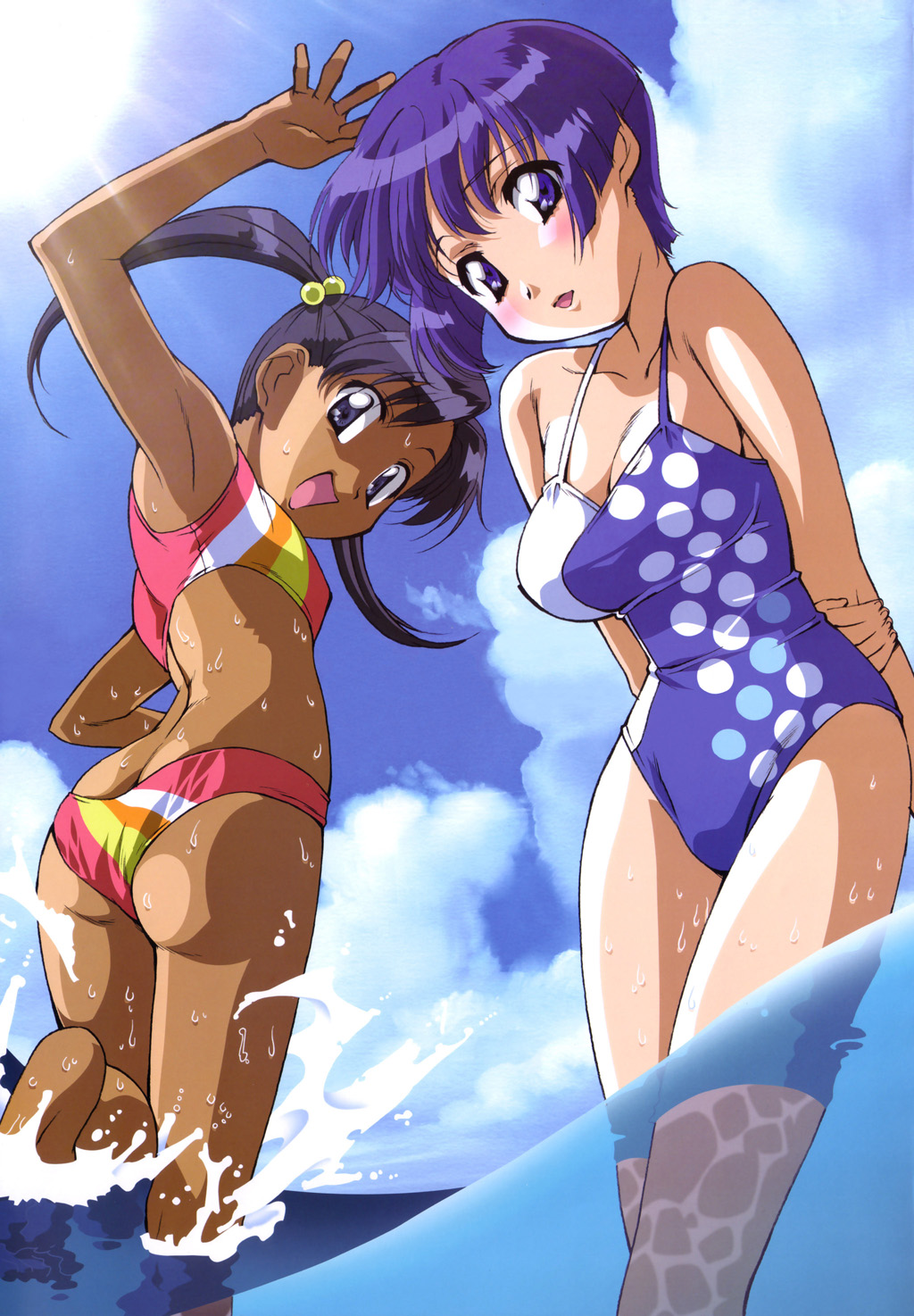 minazuki chika, sakuraba aoi, ai yori aoshi, highres, tagme, 2girls, breasts, cleavage, cloud, multiple girls, purple eyes, purple hair, sky, swimsuit, water, wet